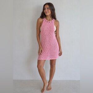 Handmade Pink Crochet Cover-Up Dress – Beach Open Knit Mini M/L